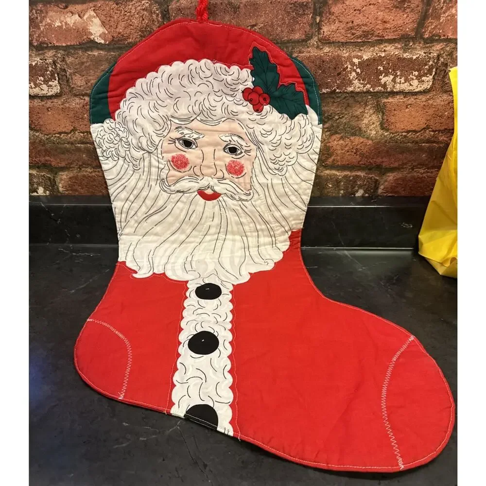 Vtg Santa Shaped Like A Stocking Wall Hanging Handmade 2 Bells Christmas Decor